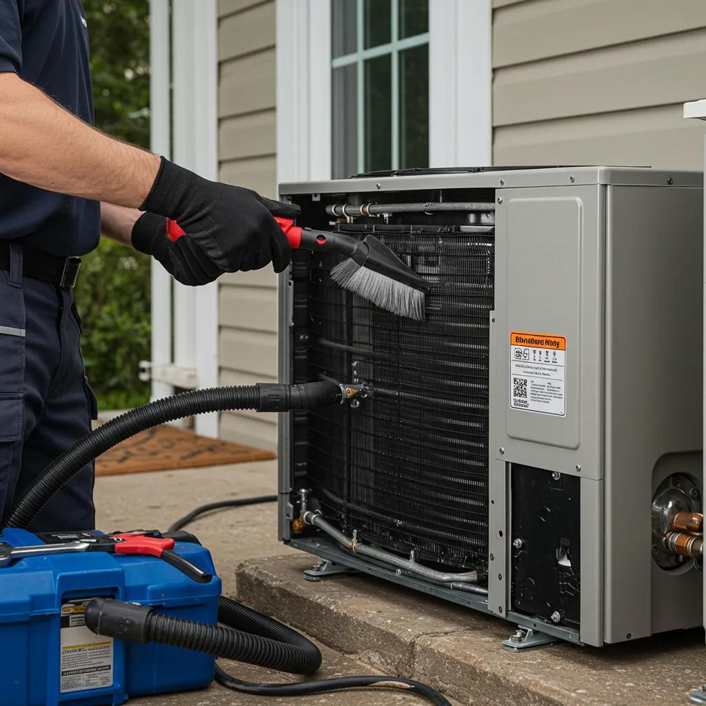 A friendly technician performing a routine check on a residential heat pump unit